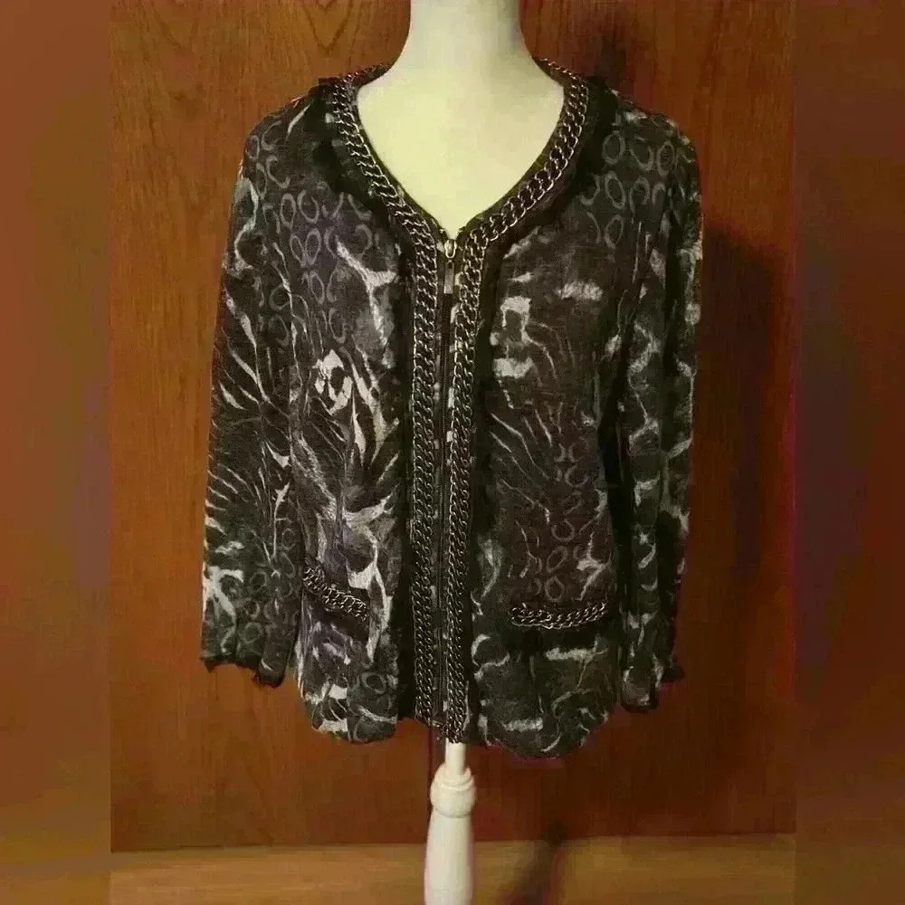 Alberto Makali Womens Zip Up Sweater With Lace Trim Size Medium Accent Chains
